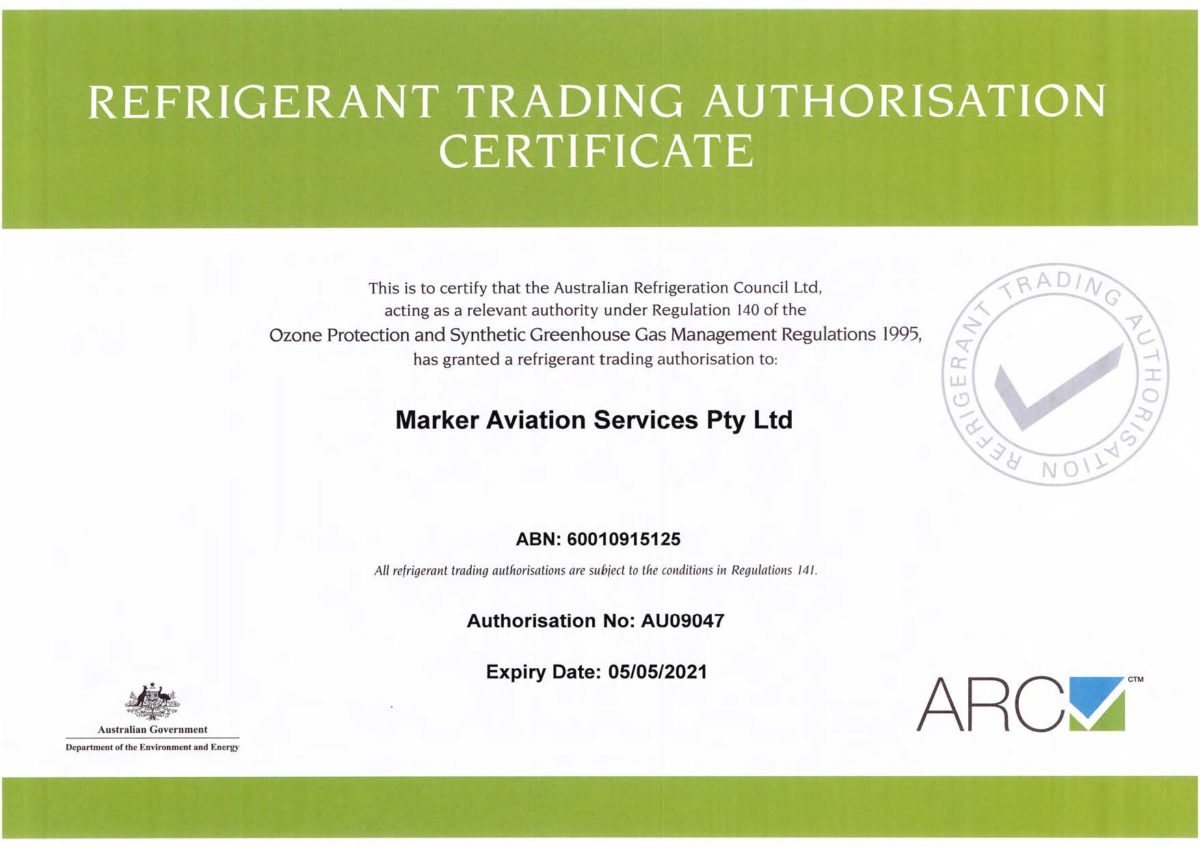 Refrigerant Trading Authorisation Certificate Expiry 05.05.2021